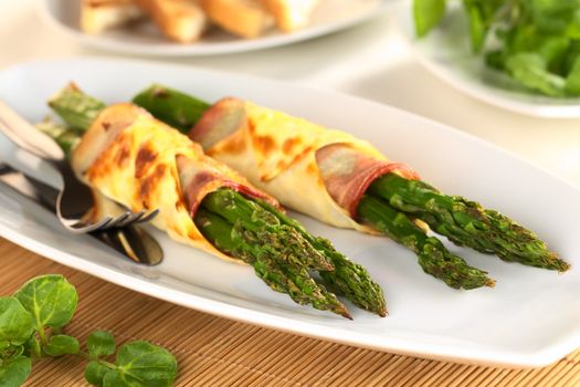 Baked green asparagus wrapped in bacon and wonton dough (Selective Focus, Focus on the asparagus tips of the first bundle)