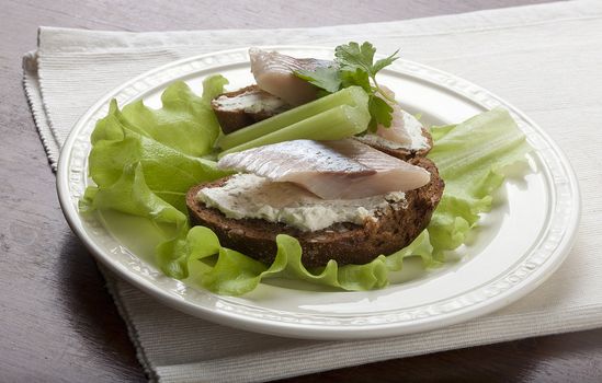 Two sandwiches with cottage cheese, herring and parsley on the lettuce