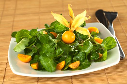 Fresh and healthy watercress (lat. Nasturtium officinale) and physalis (lat. Physalis peruviana) salad (Selective Focus, Focus on the front of the complete physalis berry in the middle of the salad)