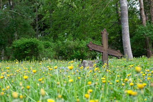 abandoned cemetery with rusty cross
