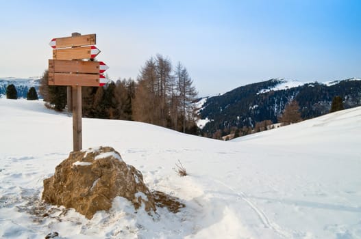 Trail mark path in winter time on snow landscape