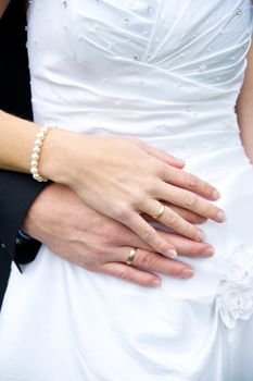 Bride and groom showing their wedding rings