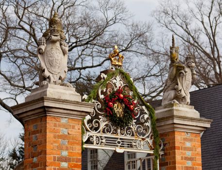 WILLIAMSBURG, VIRGINIA - DECEMBER 30: Entrance to Governors Palace decorated for xmas on December 30, 2011. Colonial Williamsburg's 301 acres includes many restored buildings and houses