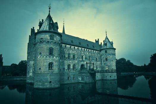 Egeskov castle slot landmark fairy tale castle in Funen Denmark Medieval symbol digital art manipulated