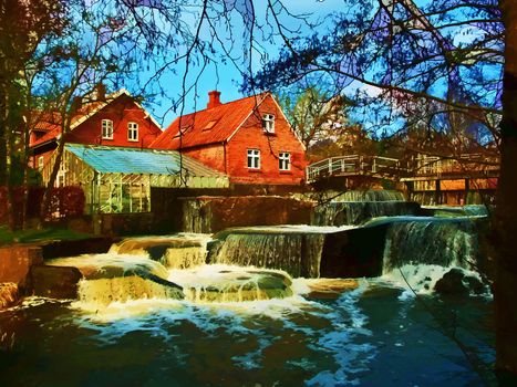 Beautiful Waterfall Country Landscape Denmark - Zen motion falling water digital art manipulation