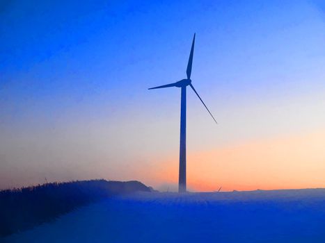 Alternative green energy modern wind mills in snow landscape digital art manipulation
