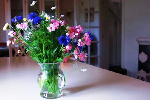 Beautiful spring summer flowers in a glass vase in a living room digital art manipulation