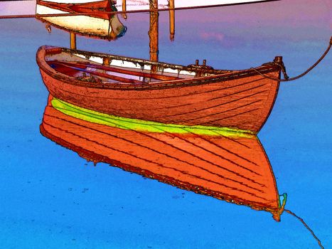 Small classical dinghy dory fishing raw boat floating in the water with reflection digital art manipulation