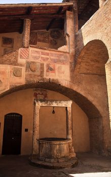 Medieval Dante Hall Courtyard Stairs Well Frescos San Gimignano Tuscany Italy