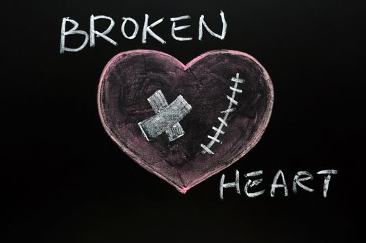 Broken heart drawn with chalk on a blackboard