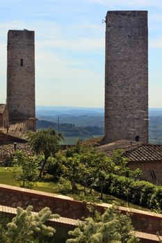 Two Medieval Stone Towers San Gimignano Tuscany Italy