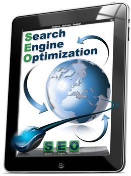 Tablet computer with the icons SEO, search engine optimization