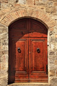 Ancient Brown Door Stone Doorway Medieval Town San Gimignano Tuscany Italy