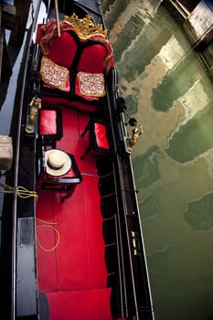 Small Canal Red Black Gondola Close Up Boat Reflection Venice Italy