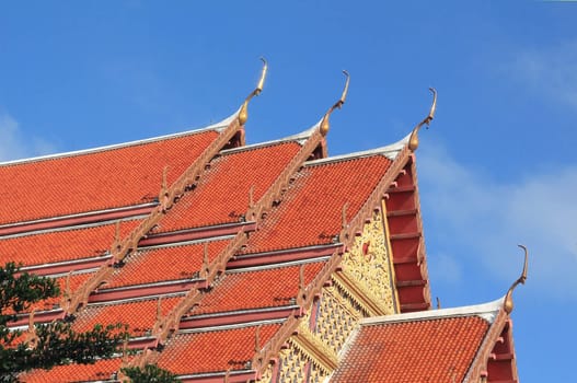 Vivid color of temple roof against the blue sky