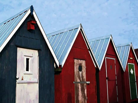 Beautiful red fishing huts on the coast Faaborg Denmark digital art manipulation