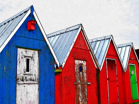 Beautiful red fishing huts on the coast Faaborg Denmark digital art manipulation