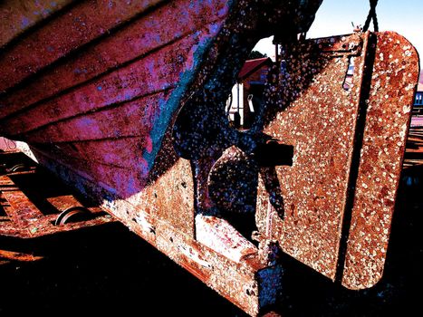 Close details of an old rust boat restoration wide angle view digital art mapipulation