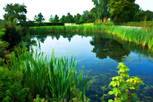 Beautiful countryside lake pond summer landscape perfect nature background digital art manipulation