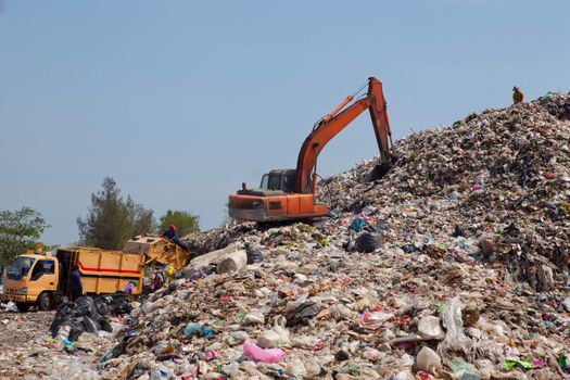 Backhoe moves trash in a landfill site, pollution, Global warming