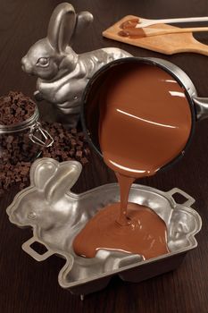 Photo of melted milk chocolate being poured into a aluminum mold of a bunny for an Easter treat.