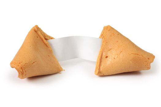 Photo of an isolated broken fortune cookie on a white background.
