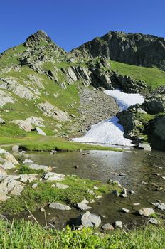 Mountain lake in background with high mountain