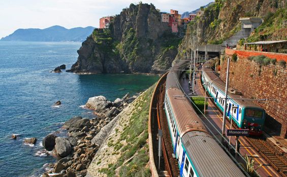 Italy. Cinque Terre. Train at station Manarola 