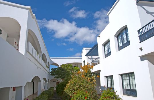 Apartments and Orange Bougainvillea under a blue sky