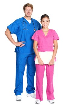 medical professionals standing isolated. Young caucasian man or young asian woman doctors or nurses in medical scrubs.