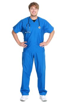 Male doctor or nurse standing isolated in full body on white background. Young medical professional. Caucasian man in his twenties wearing blue scrubs and stethoscope.