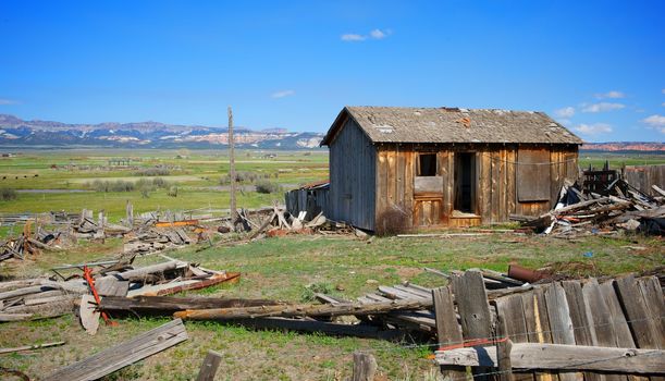 A horizontal shot of an old wooden shack in Utah, USA