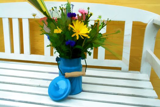 Beautiful spring summer flowers in a blue tin bucket on a garden bench digital art manipulation