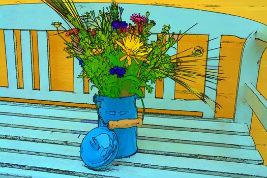 Beautiful spring summer flowers in a blue tin bucket on a garden bench digital art manipulation