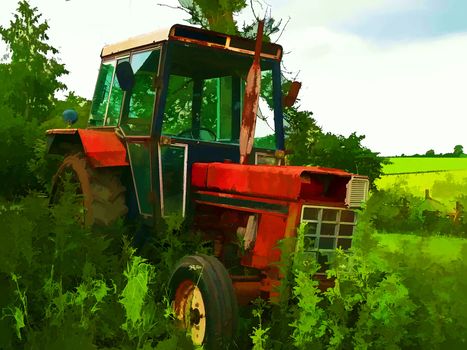 Old rusty red vintage tractor in a farm with green field background digital art manipulation