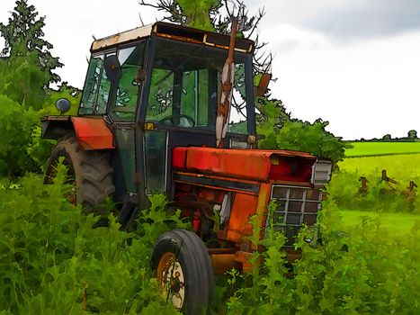 Old rusty red vintage tractor in a farm with green field background digital art manipulation