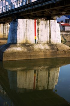 The water level in the river. Under the bridge in Thailand