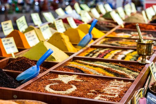 Closeup of spices on sale market. Turkey, Antalya