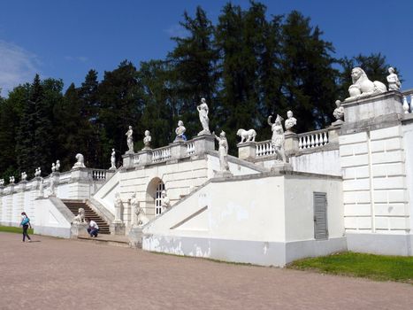 Moscow, Russia - May 22, 2010: Spring day. Peoples walks near old terrace behind the palace on May 22, 2010 in Arkhangelskoye Estate, Moscow, Russia.