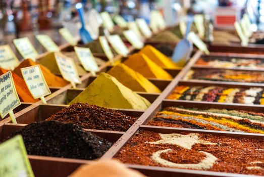 Closeup of spices on sale market. Turkey, Antalya