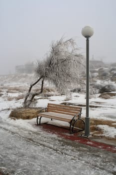 Empty bench under a lamppost in a winter landcsape with ice and snow, vertical