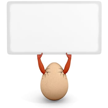Hands sticking out of egg hold the white poster