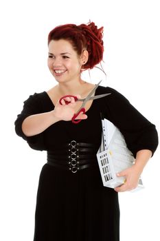 Smiling red-haired accountant with scissors and a folder with documents isolated on white background 
