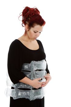 Modern red-haired girl with the air bags isolated on white background
