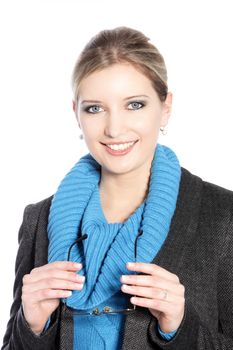 Beautiful businesswoman holding her glasses in a front view shot