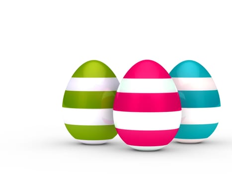 Three colorful eggs with stripe on ground