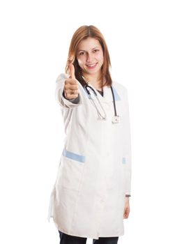 woman doctor extends his hand for a handshake isolated on white background