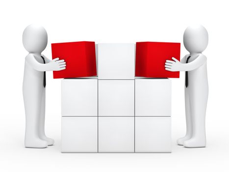 Two businessmen with tie stack red cubes