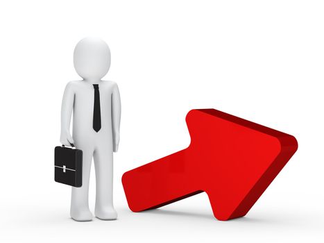 businessman with briefcase stand next red arrow
