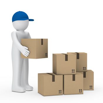 man with blue cap stack brown package